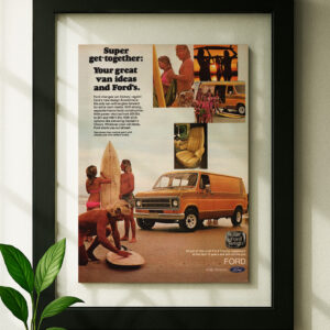 Ford econoline framed original ad in black floating frame on wall