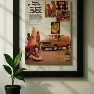 ford econoline framed original ad in black floating frame on wall