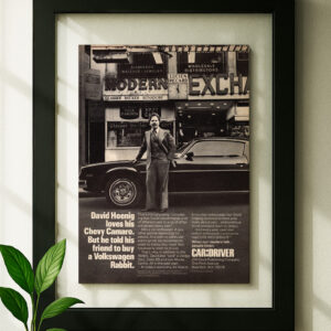 VW Rabbit framed original ad in black floating frame on wall