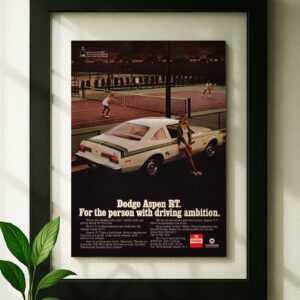 Dodge Aspen RT framed original ad in black floating frame on wall
