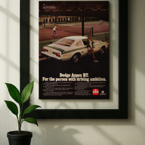 Dodge Aspen RT framed original ad in black floating frame on wall