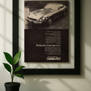 datsun 280zx framed original ad in black floating frame on wall
