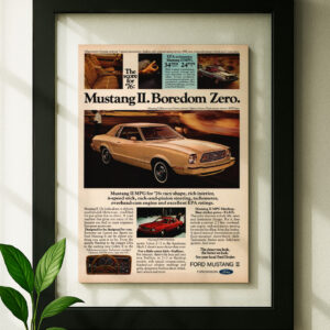 Mustang 2 framed original ad in black floating frame on wall