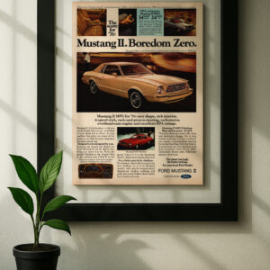 mustang ii framed original ad in black floating frame on wall