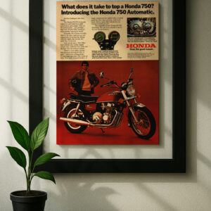 honda cb750 framed original ad in black floating frame on wall