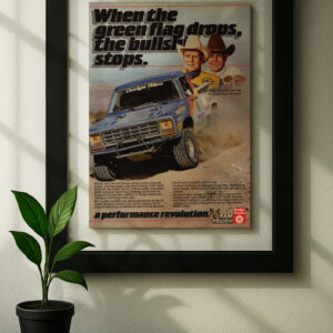 dodge ram truck racing framed original ad in black floating frame on wall