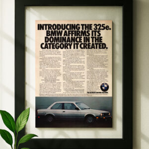 bmw e30 framed original ad in black floating frame on wall