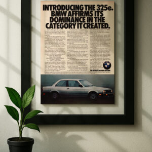bmw e30 325e framed original ad in black floating frame on wall