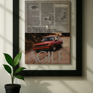 celica gts toyota framed original ad in black floating frame on wall