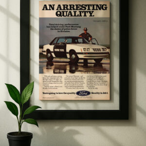 foxbody mustang police framed original ad in black floating frame on wall