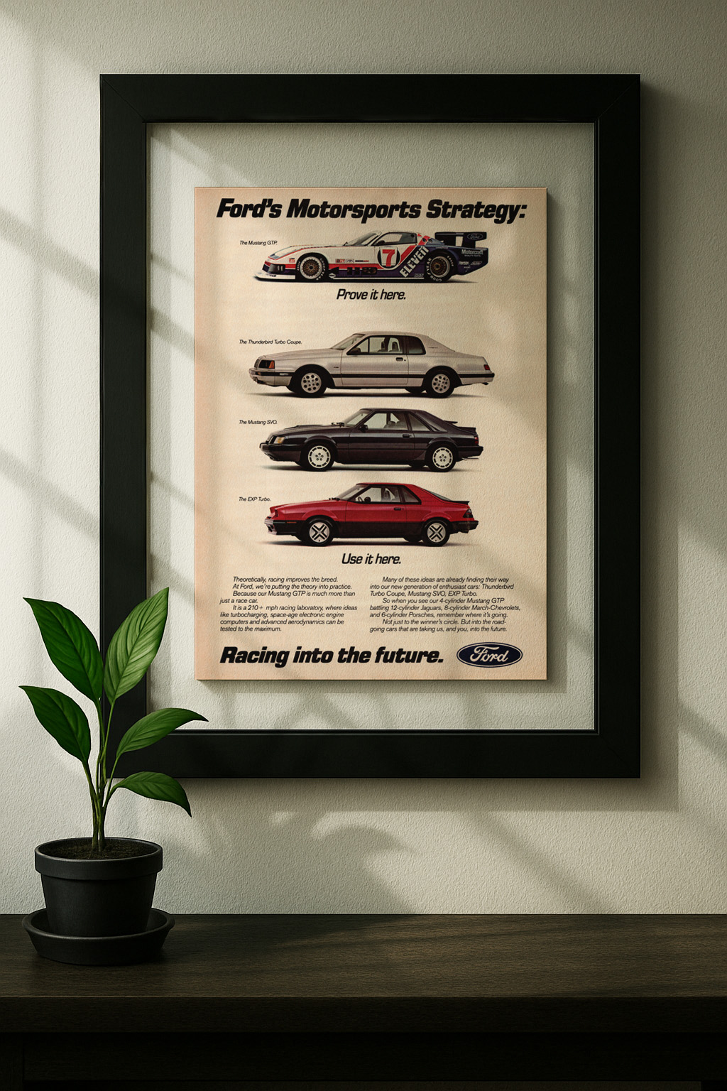 ford racing gtp svo exp framed original ad in black floating frame on wall