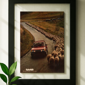 saab 900 turbo framed original ad in black floating frame on wall