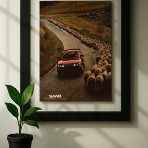 saab 900 framed original ad in black floating frame on wall turbo