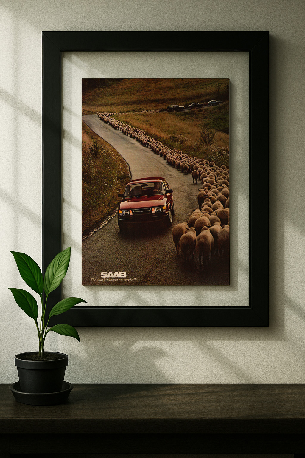 saab 900 framed original ad in black floating frame on wall turbo