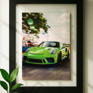 911 gt3rs framed python green framed original ad in black floating frame on wall