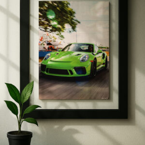 python green gt3 framed original ad in black floating frame on wall
