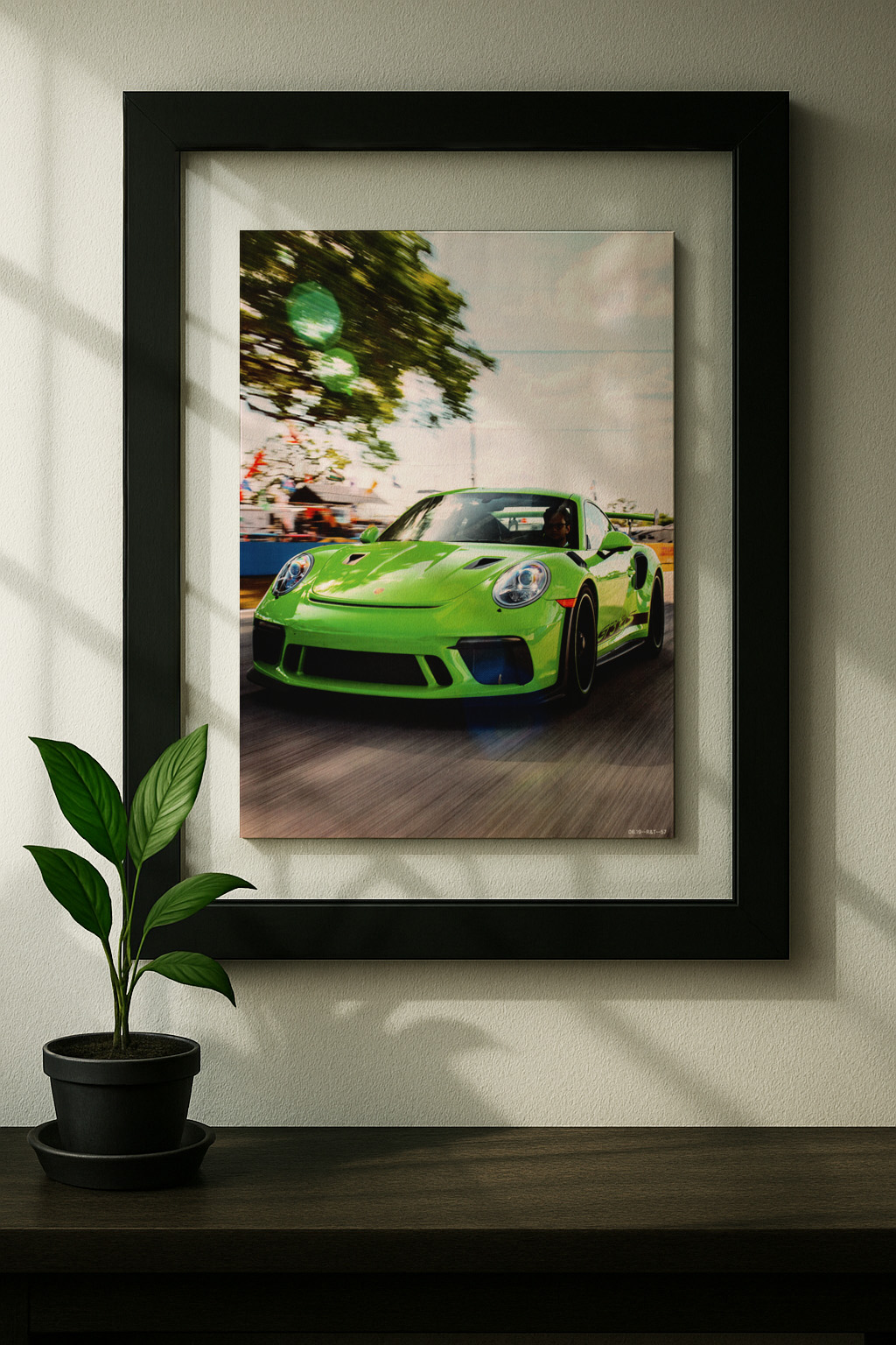 python green gt3 framed original ad in black floating frame on wall