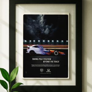 Honda civic racing framed original ad in black floating frame on wall