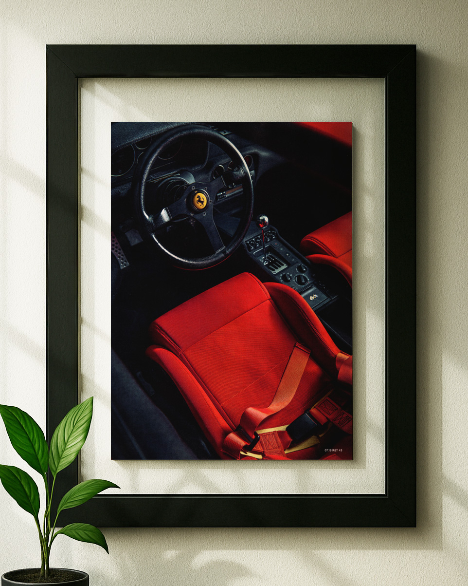Ferrari F355 Berlinetta framed original ad in black floating frame on wall