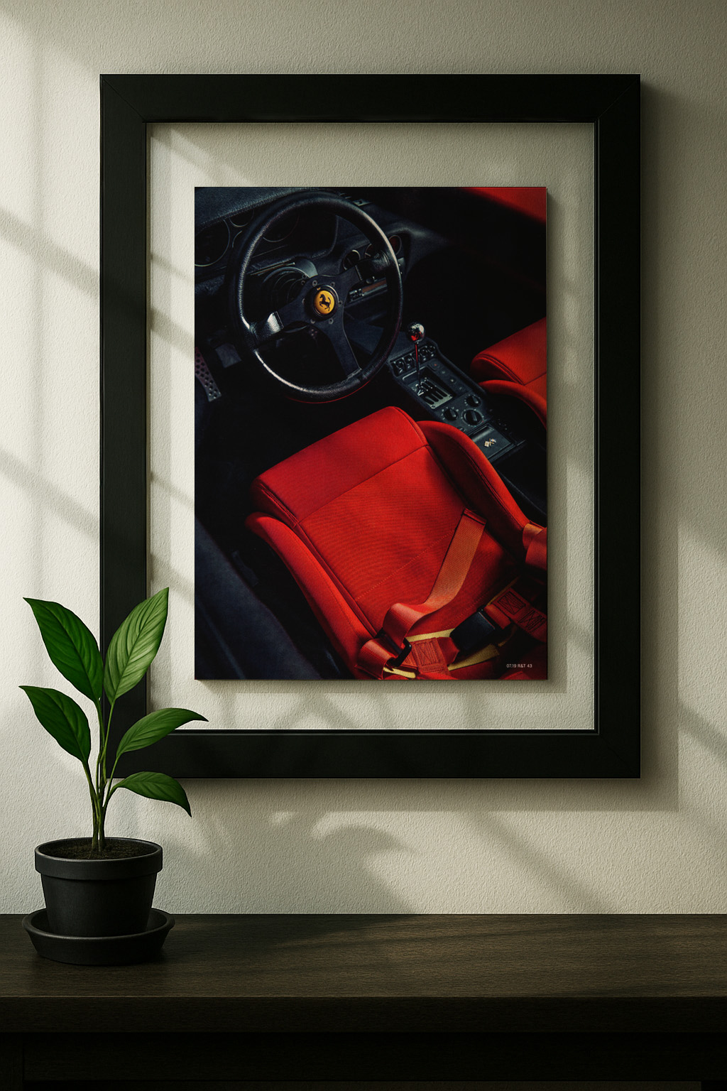 ferrari f355 berlinetta framed original ad in black floating frame on wall