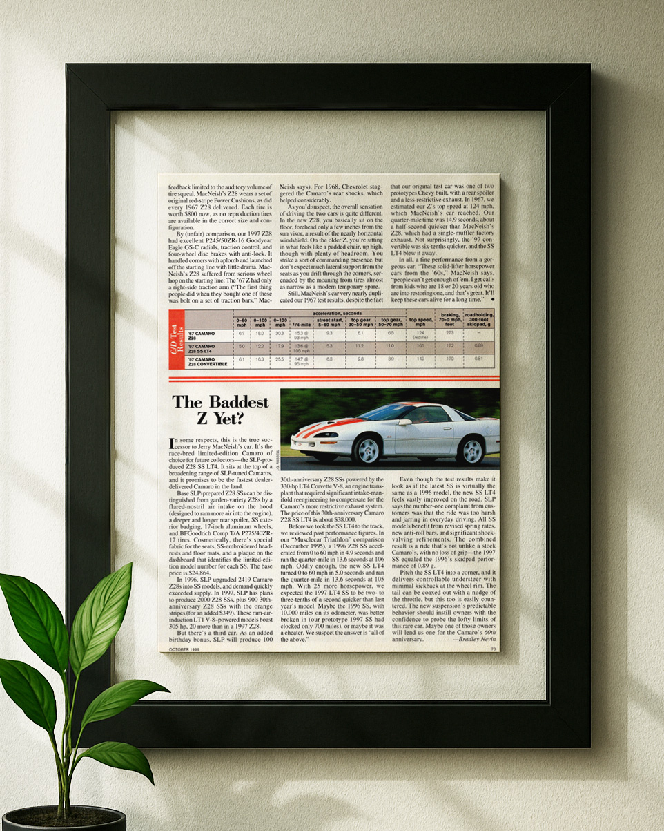 4th gen camaro framed original ad in black floating frame on wall