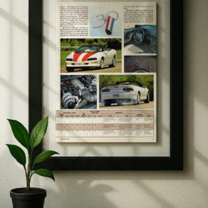 z28 4th gen camaro framed original ad in black floating frame on wall