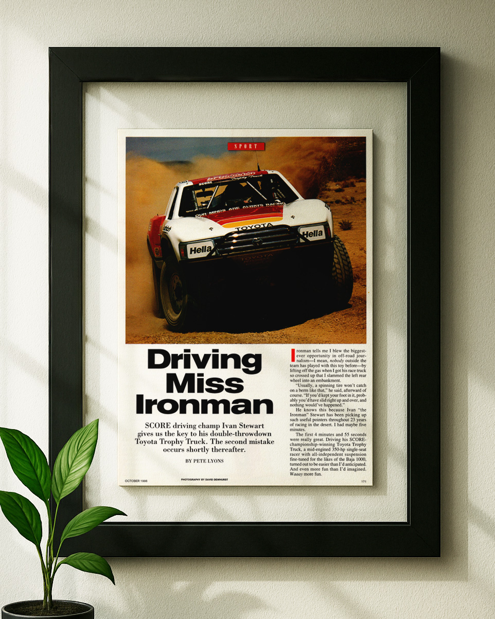 toyota trophy truck pre runner framed original ad in black floating frame on wall
