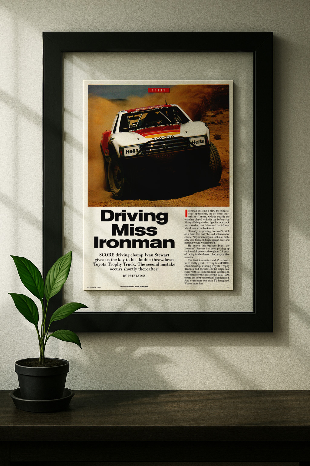 toyota trophy truck framed original ad in black floating frame on wall