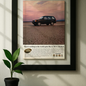 range rover land framed original ad in black floating frame on wall