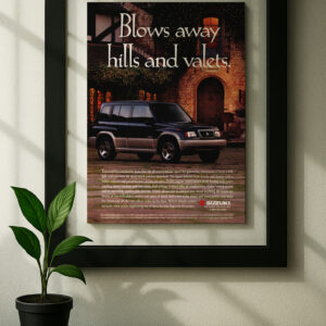 suzuki sidekick framed original ad in black floating frame on wall