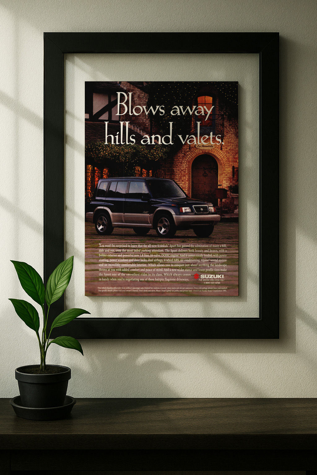 suzuki sidekick framed original ad in black floating frame on wall