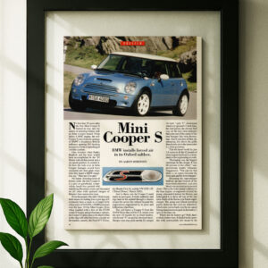 mini cooper s framed original ad in black floating frame on wall