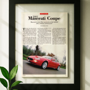 maserati coupe original ad in floating frame on wall