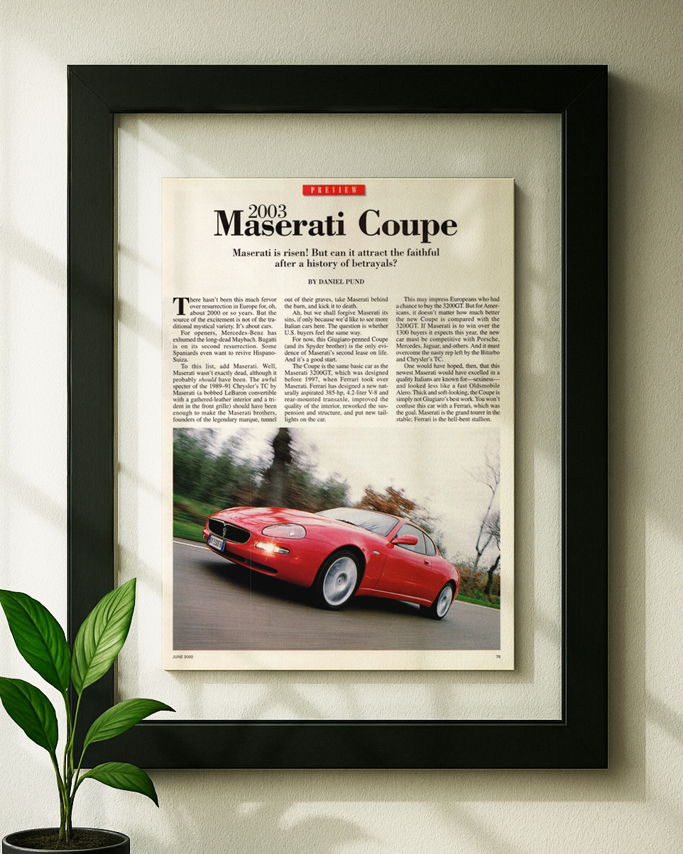 maserati coupe original ad in floating frame on wall