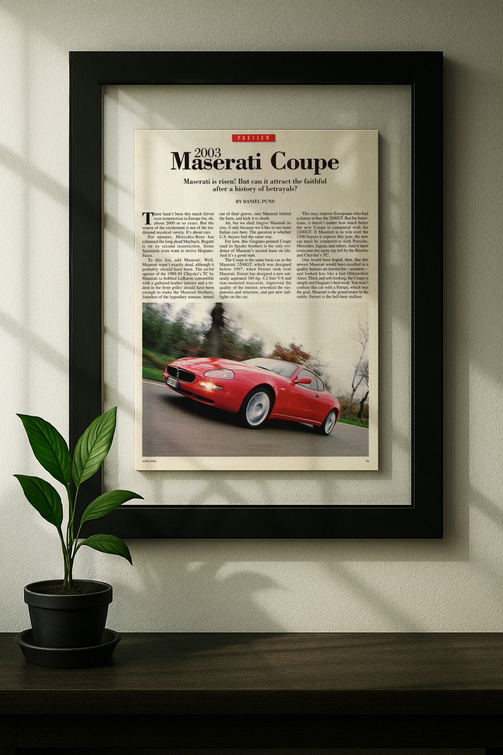 maserati coupe 2003 original ad in floating frame on wall