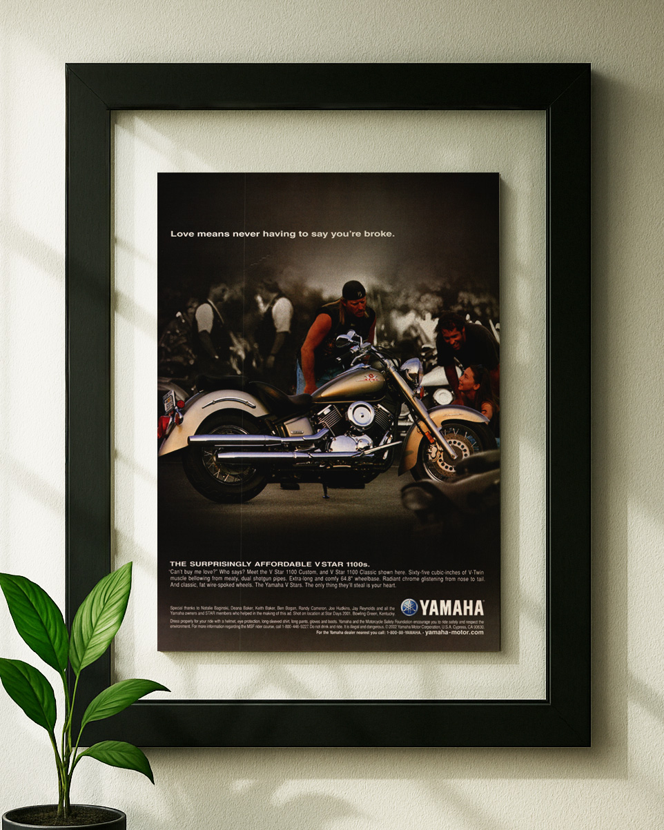 yamaha v star 1100 original ad in floating frame on wall