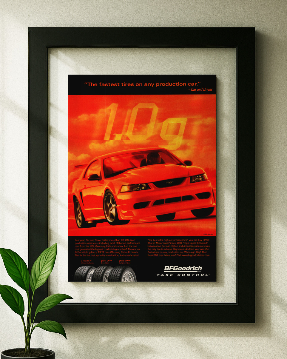 sn95 ford mustang original ad in floating frame on wall