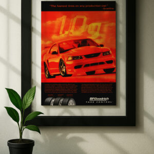 sn95 red mustang original ad in floating frame on wall