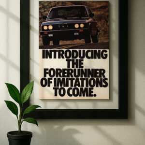 bmw e28 framed original ad in black floating frame on wall