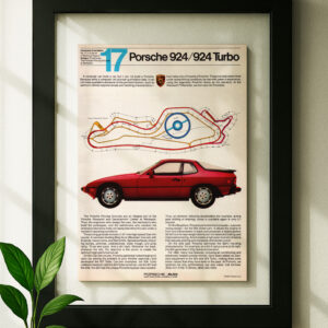 porsche 924 turbo framed original ad in black floating frame on wall