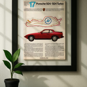 porsche 924 turbo framed original ad in black floating frame on wall