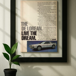 dmc delorean framed original ad in black floating frame on wall