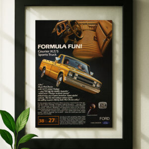 ford courier xlt5 framed original ad in black floating frame on wall