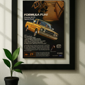 ford courier xlt5 framed original ad in black floating frame on wall