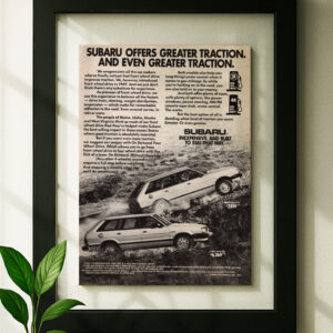 subaru wagon framed original ad in black floating frame on wall