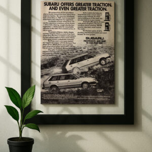 subaru wagon framed original ad in black floating frame on wall