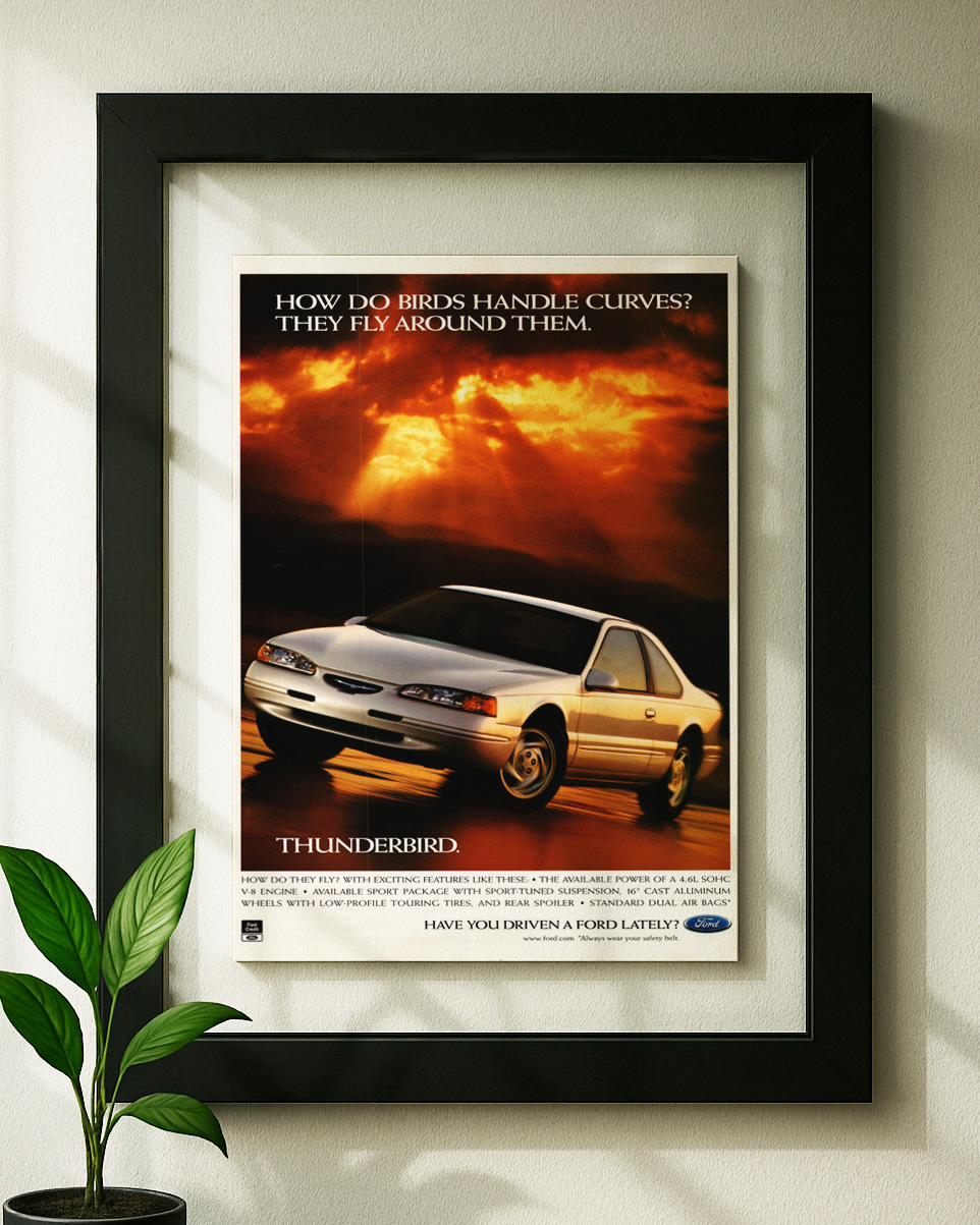 Ford Thunderbird 1988 framed original ad in black floating frame on wall