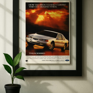 ford thunderbird framed original ad in black floating frame on wall