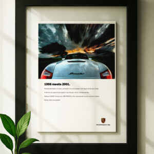 porsche boxster framed original ad in black floating frame on wall
