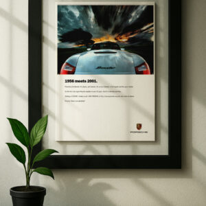 prosche boxster framed original ad in black floating frame on wall